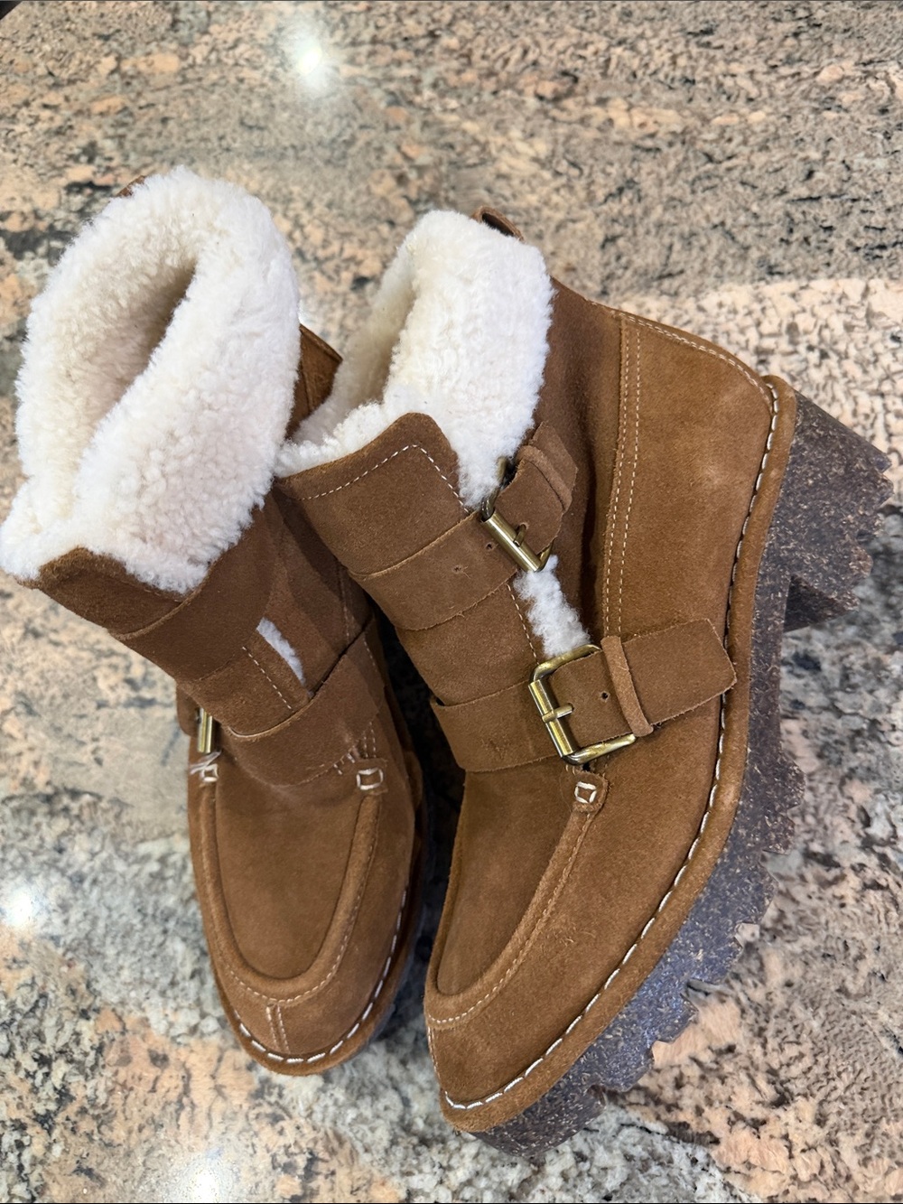 Donald J. Pliner Brown Suede Shearling-Trim Buckle Ankle Boots